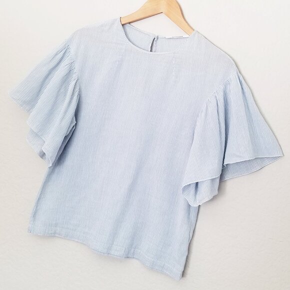 Pomandere Flutter Sleeve Top Blue Stripe 2 Cotton Hemp Blend Airy Lightweight - Picture 13 of 16
